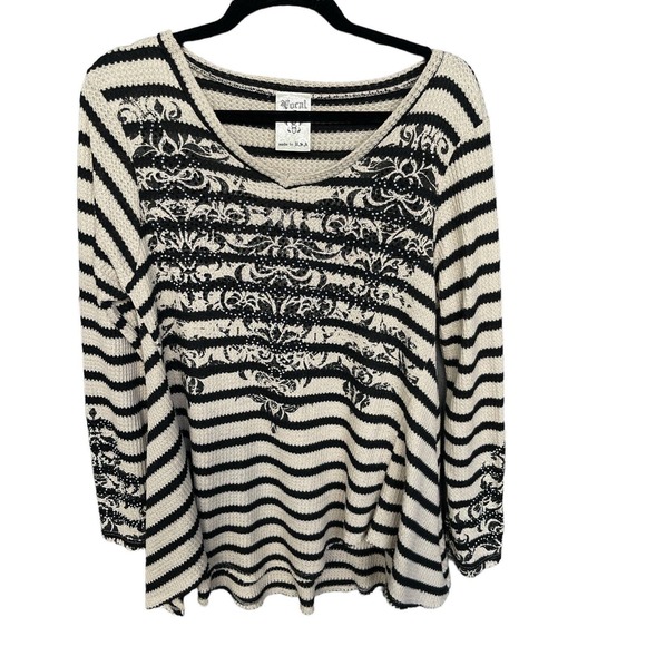 Vocal Top Women Large Tan Black Striped Rhinestone Waffle Knit Long Sleeve Fleur - Picture 1 of 9